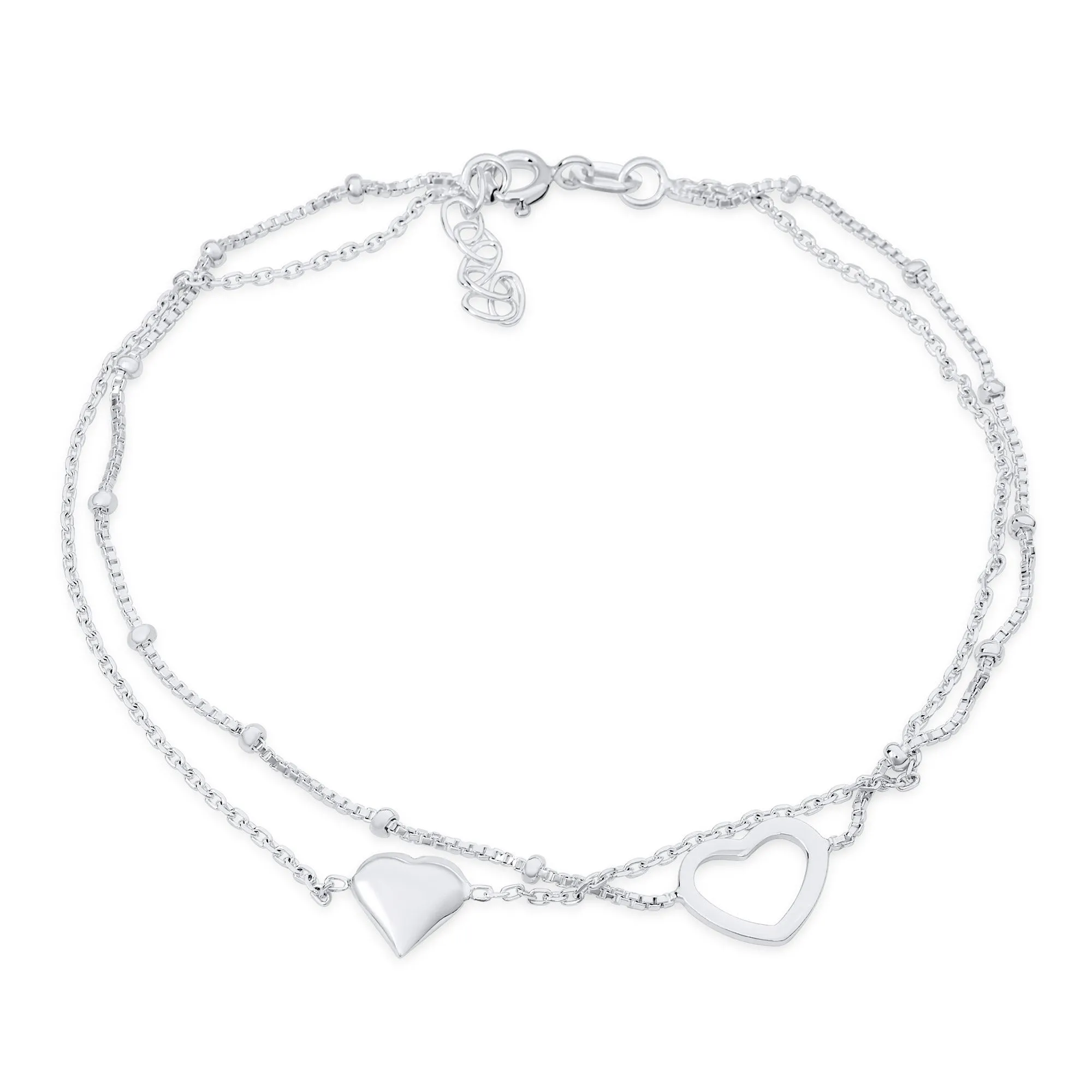 Romantic Love Double Chain Hearts Anklet Ankle Bracelet Sterling Silver