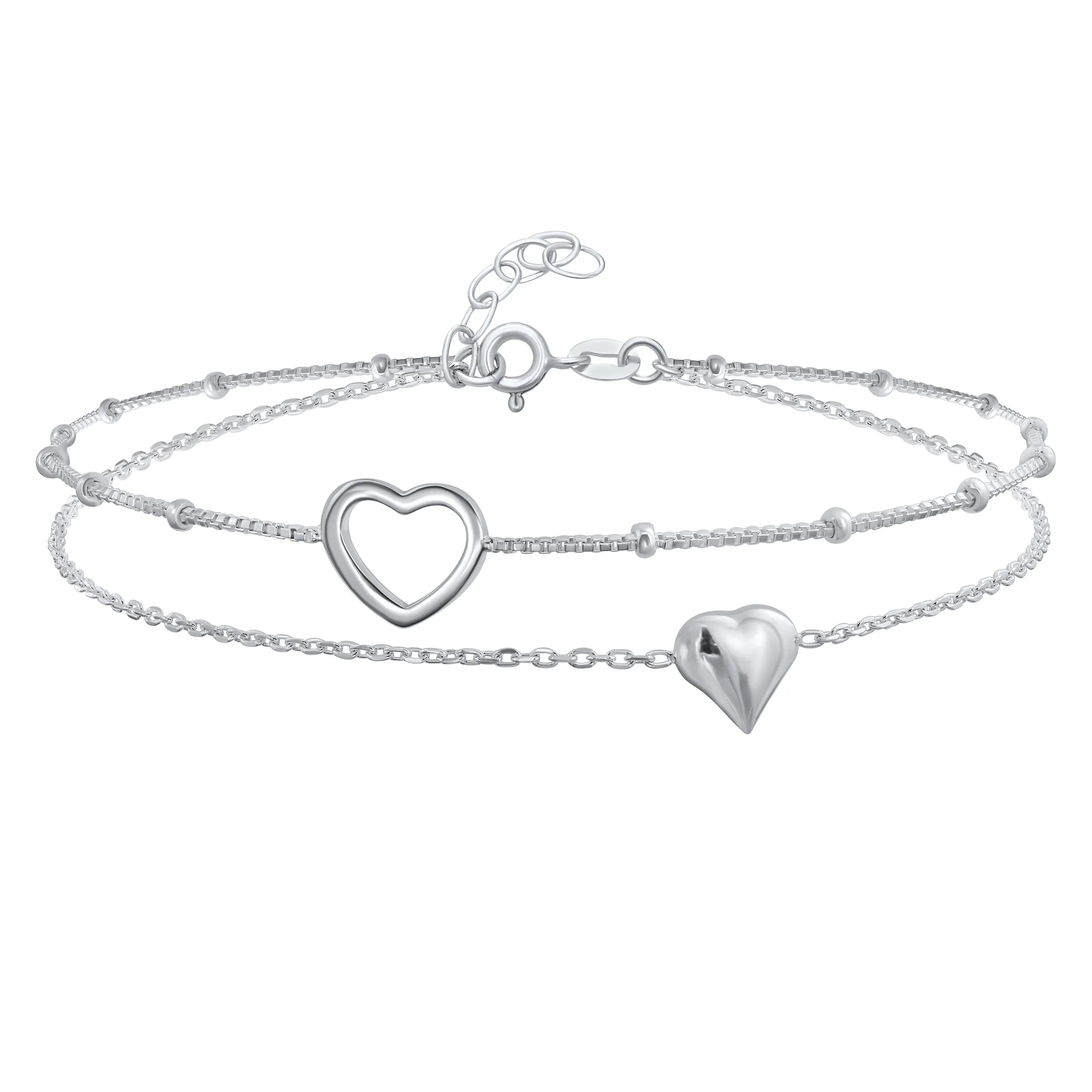 Romantic Love Double Chain Hearts Anklet Ankle Bracelet Sterling Silver