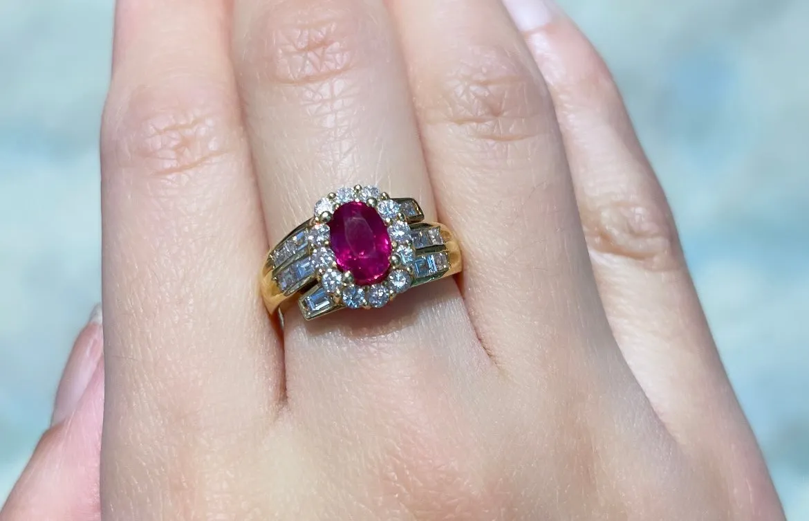 Ruby ring with baguette and brilliant cut diamonds