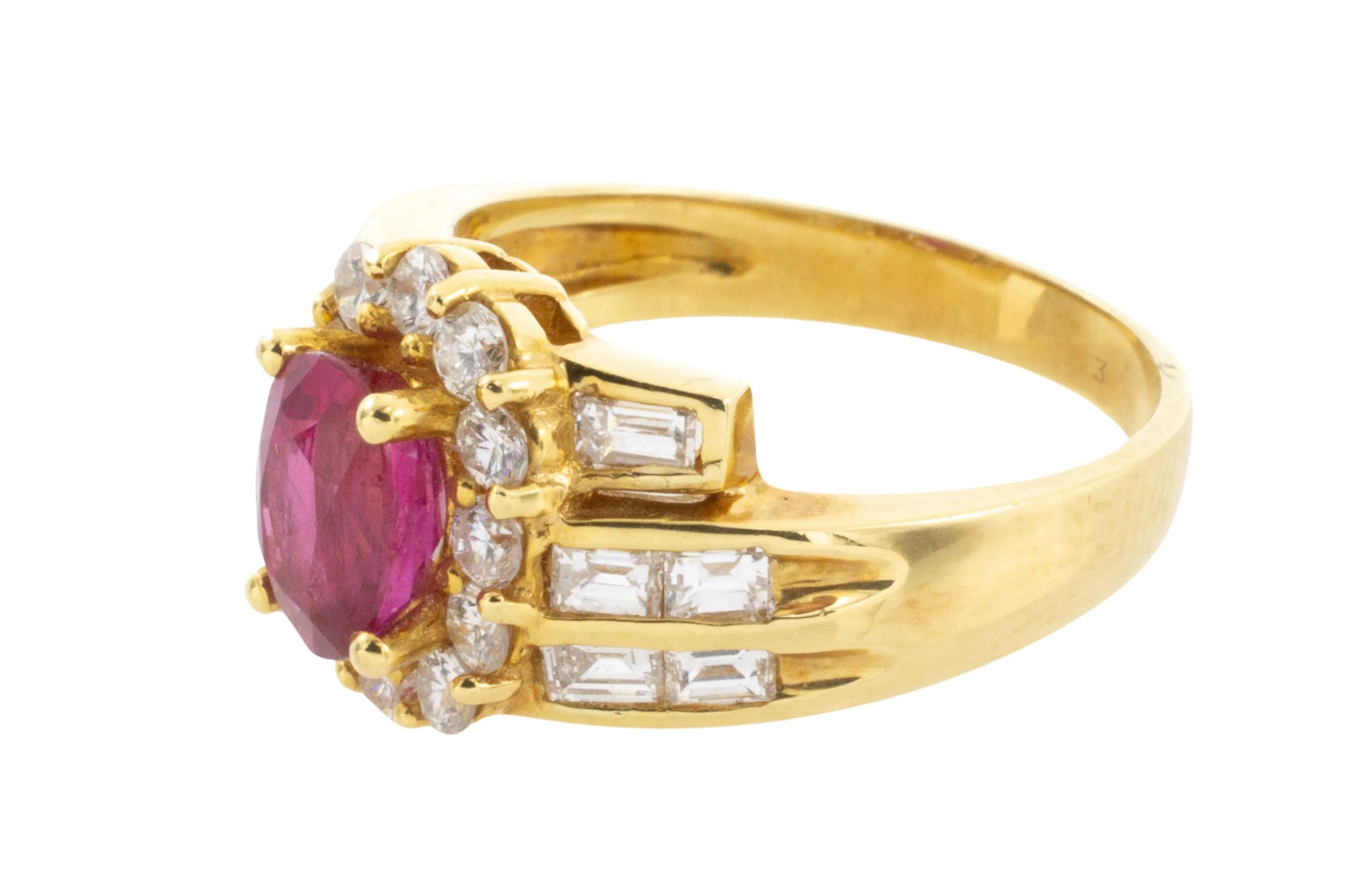 Ruby ring with baguette and brilliant cut diamonds