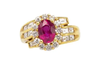 Ruby ring with baguette and brilliant cut diamonds