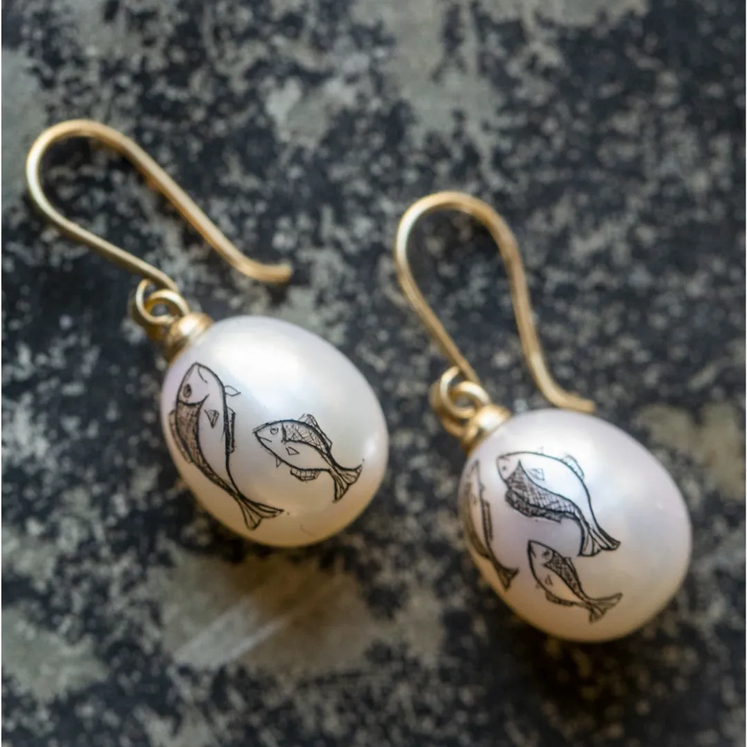 School of Minnows Scrimshaw Pearl Earrings