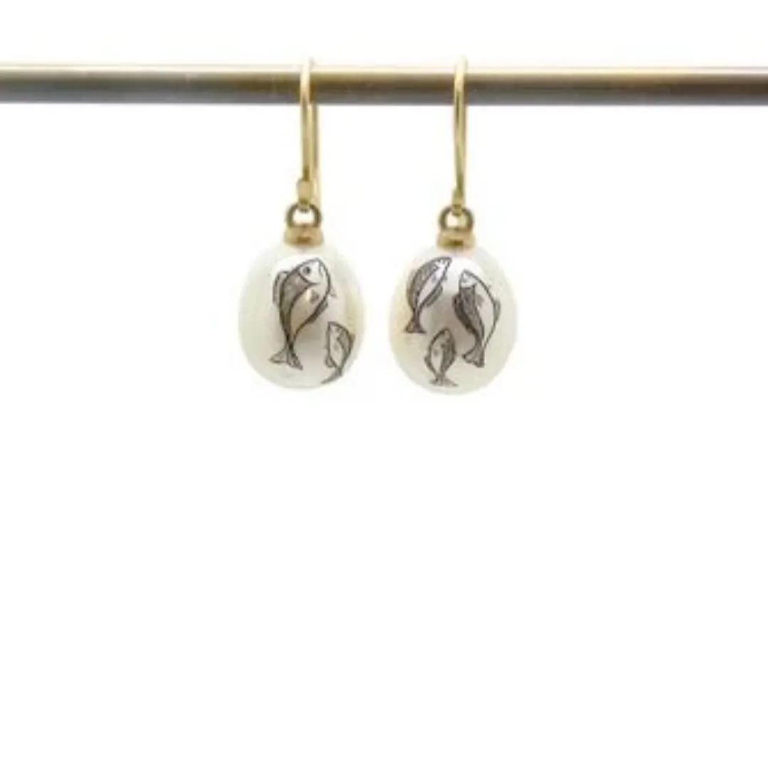 School of Minnows Scrimshaw Pearl Earrings