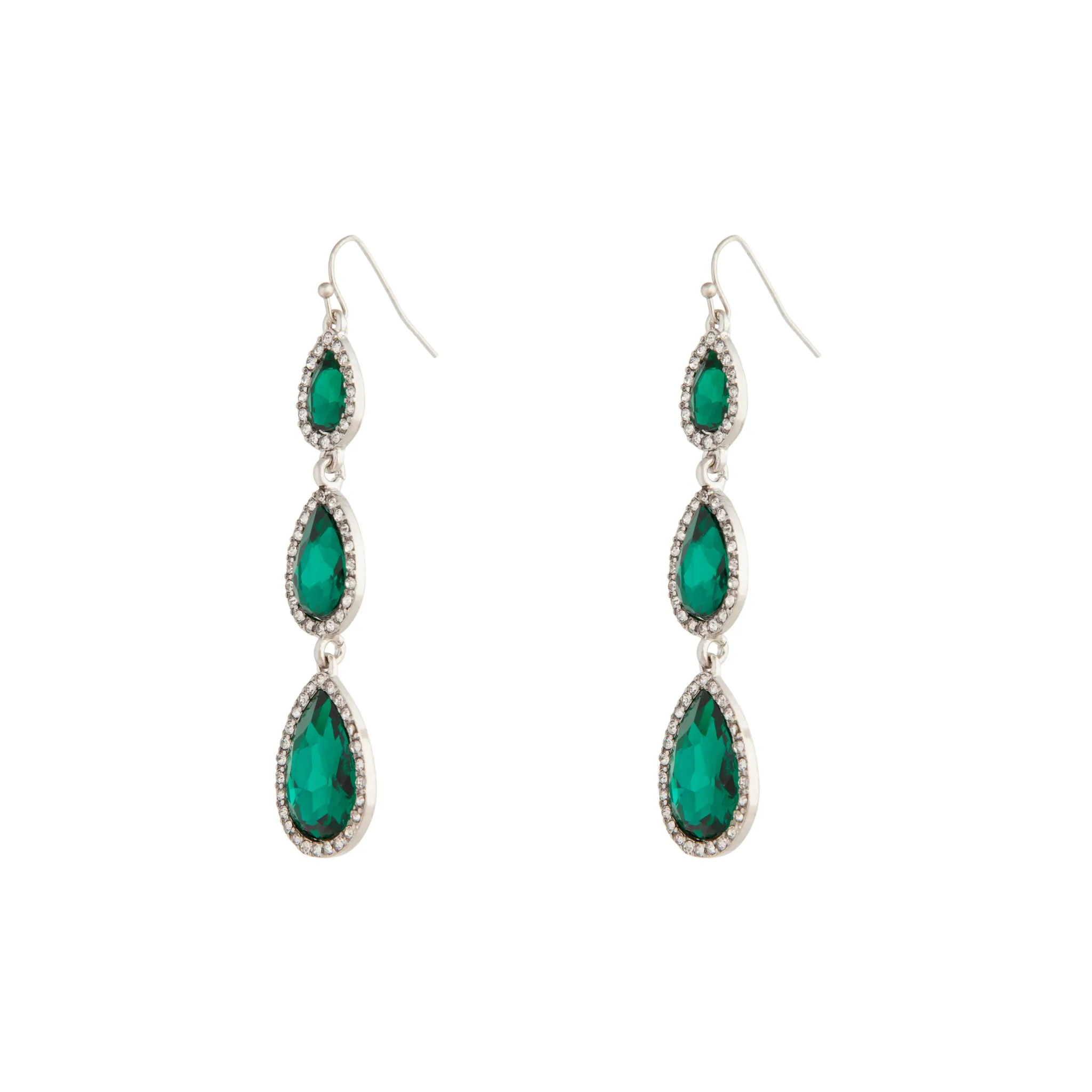 Silver Green Graduated Teardrop Diamante Earrings