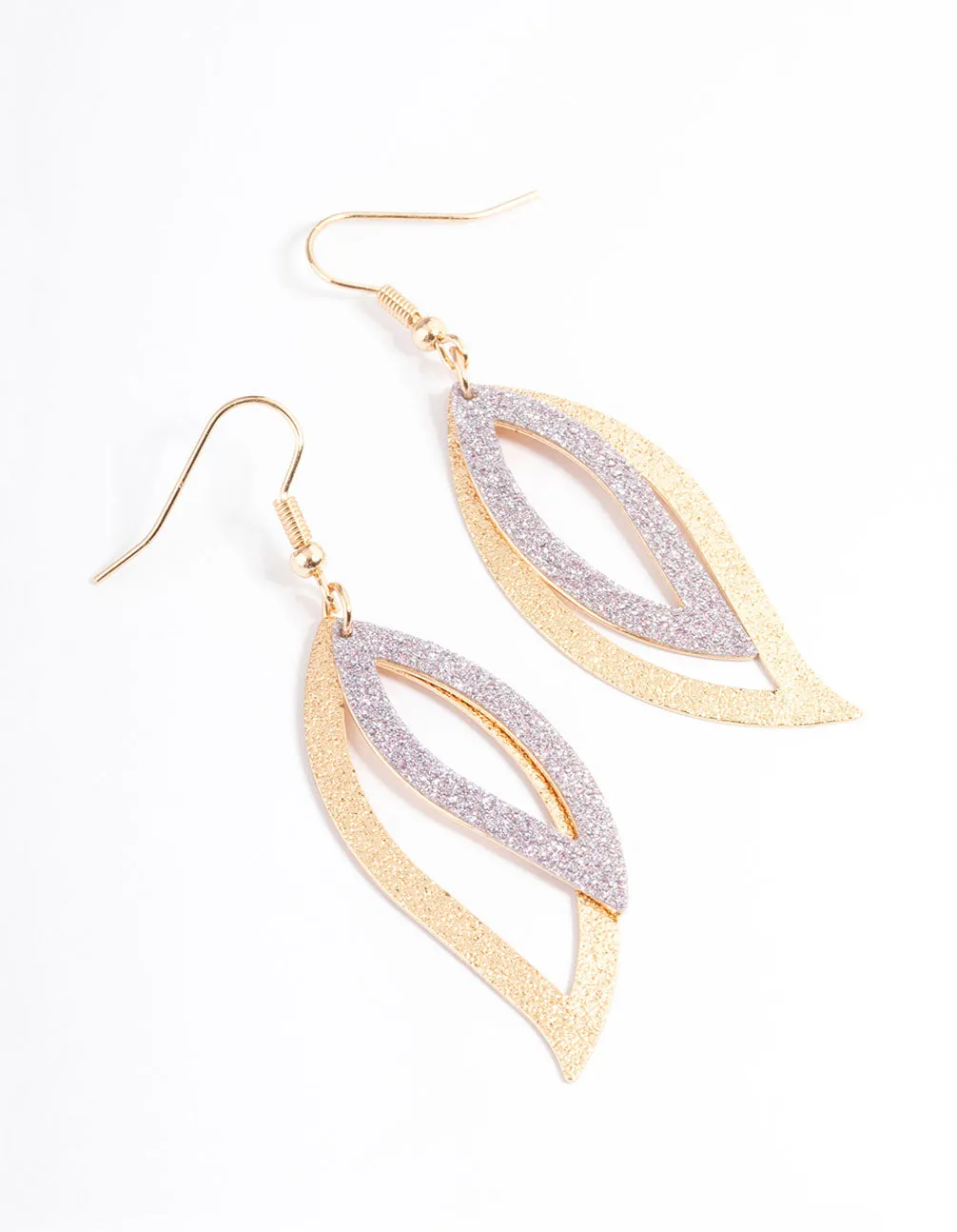 Silver Open Leaf Glitter Drop Earrings