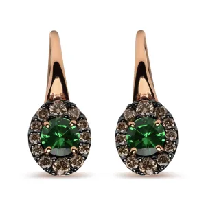 Sophisticated 18K Rose and White Gold Drop Earrings with Brown Diamonds and Vibrant Green Tsavorite