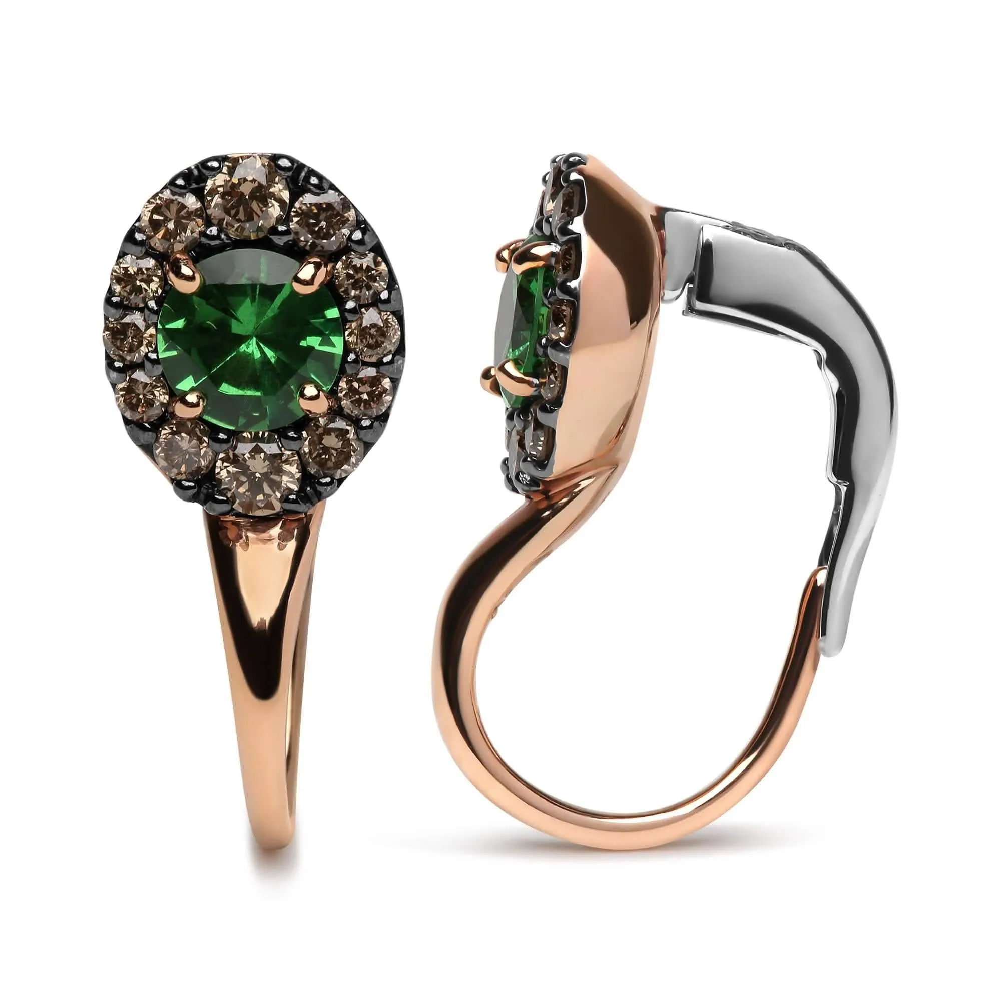 Sophisticated 18K Rose and White Gold Drop Earrings with Brown Diamonds and Vibrant Green Tsavorite