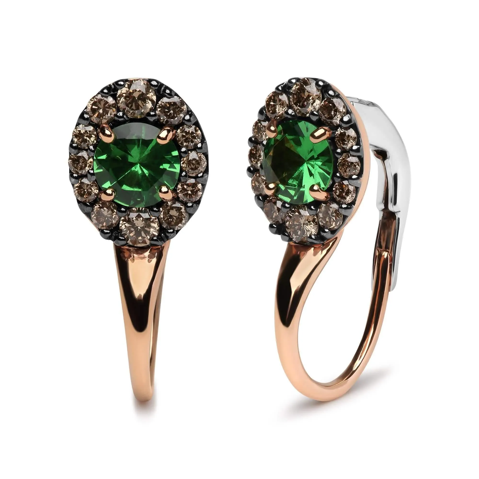 Sophisticated 18K Rose and White Gold Drop Earrings with Brown Diamonds and Vibrant Green Tsavorite