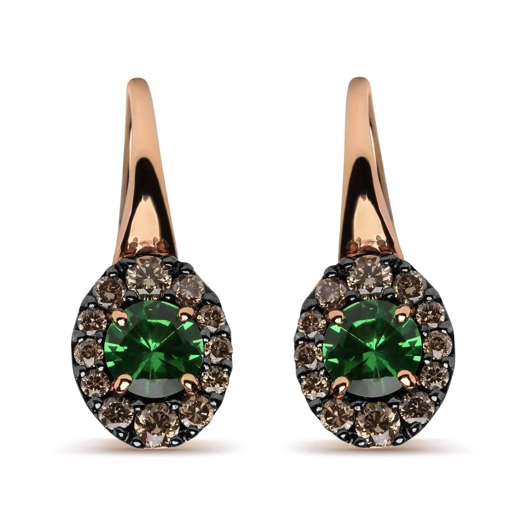 Sophisticated 18K Rose and White Gold Drop Earrings with Brown Diamonds and Vibrant Green Tsavorite