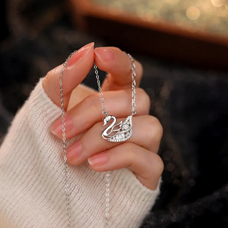 Sterling Silver Elegant Hollow Zircon Swan Necklaces