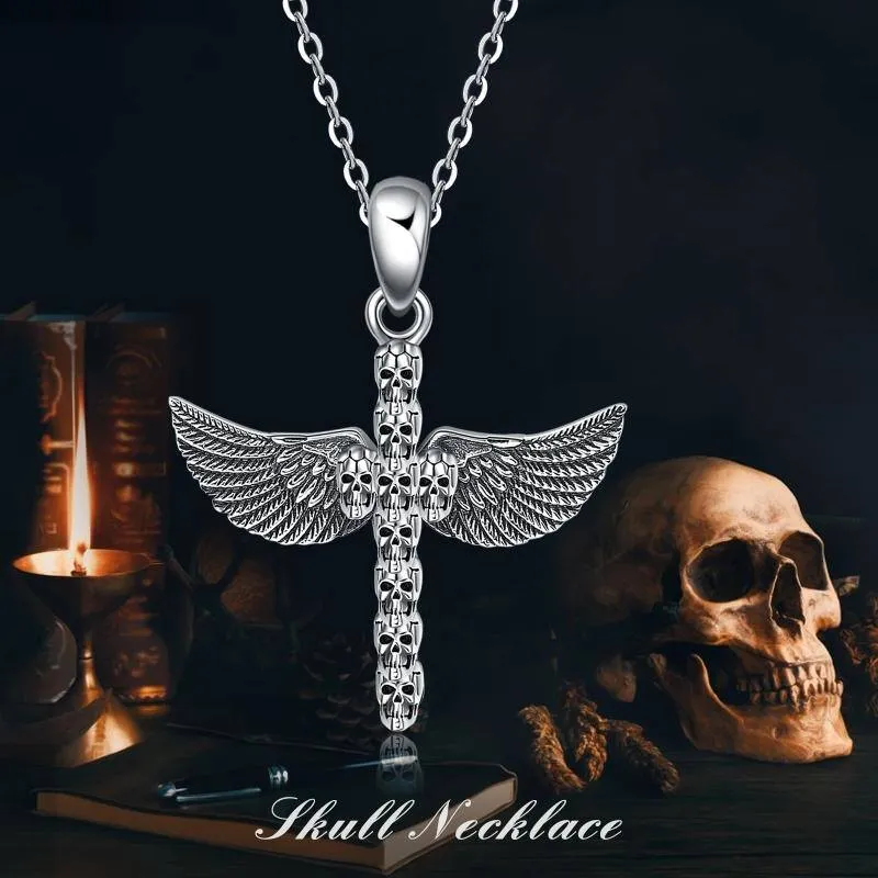 Sterling Silver Skull Angel Wing Pendant Necklace for  Men