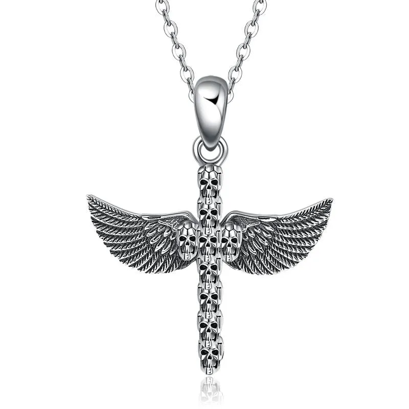 Sterling Silver Skull Angel Wing Pendant Necklace for  Men