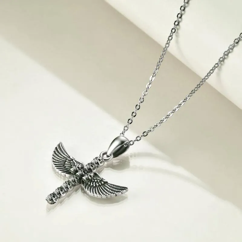 Sterling Silver Skull Angel Wing Pendant Necklace for  Men