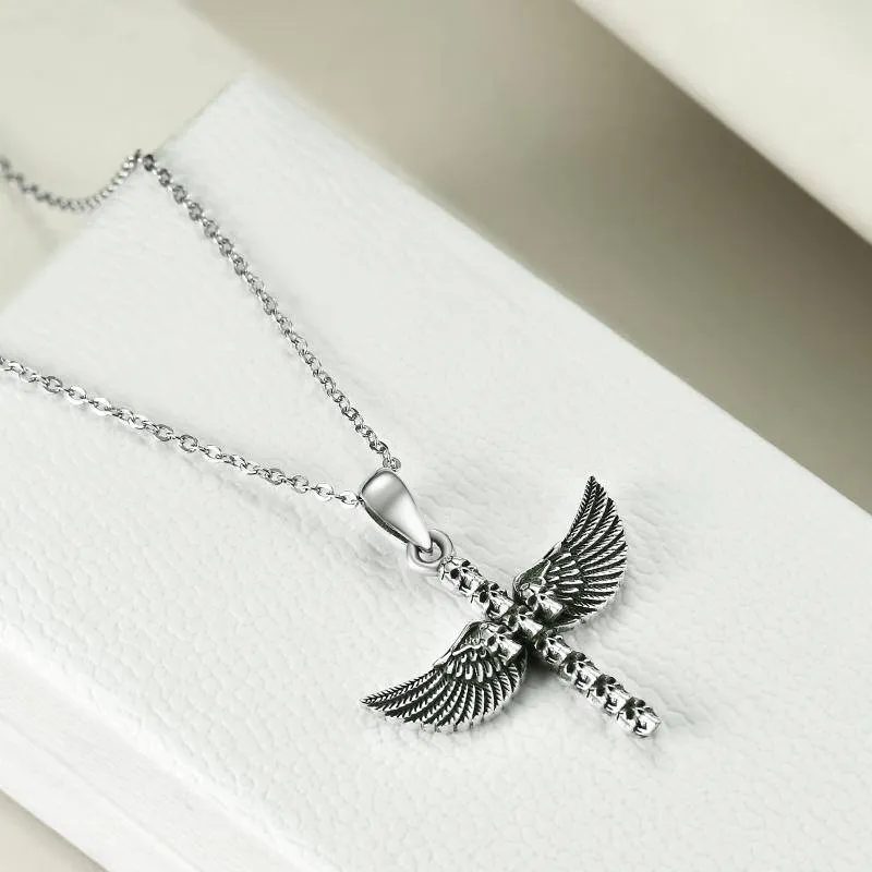 Sterling Silver Skull Angel Wing Pendant Necklace for  Men