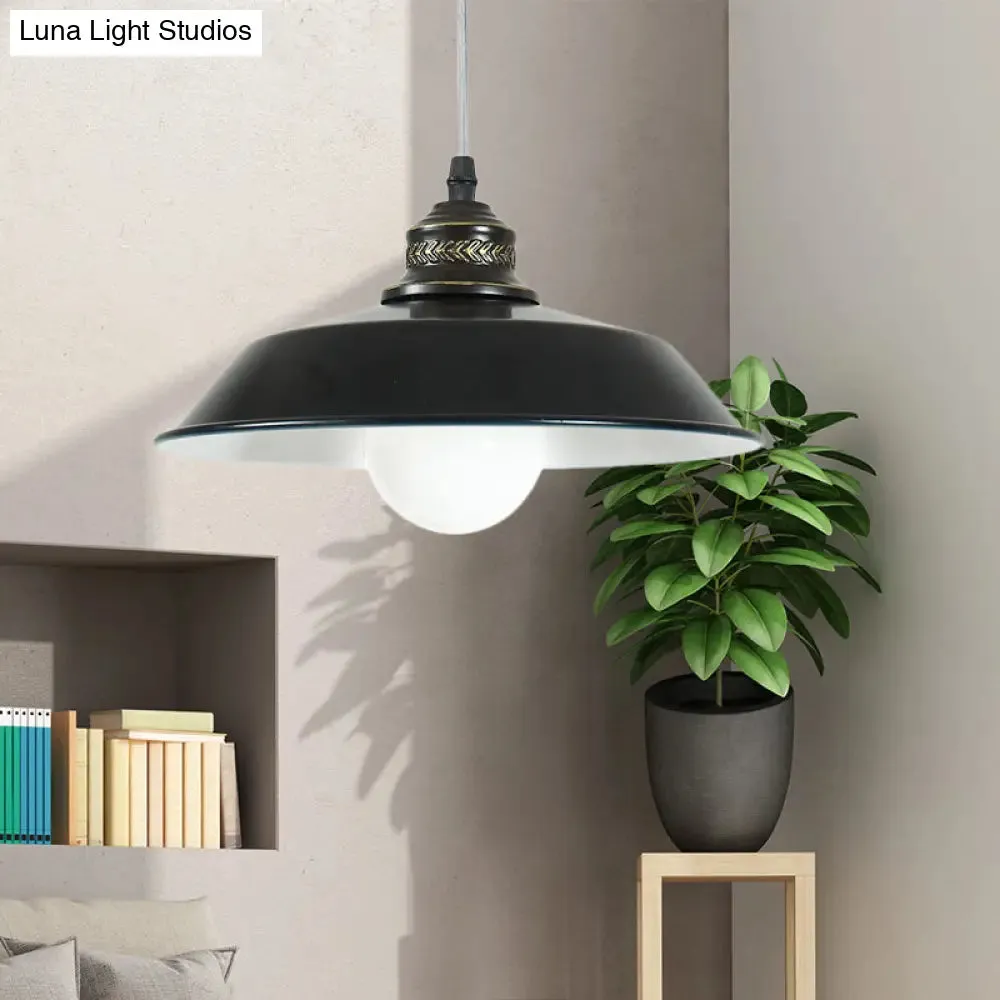 Stylish Loft Barn Lampshade Suspension Light in Black, Metallic Ceiling Pendant - 1 Light, 10"/14" Diameter