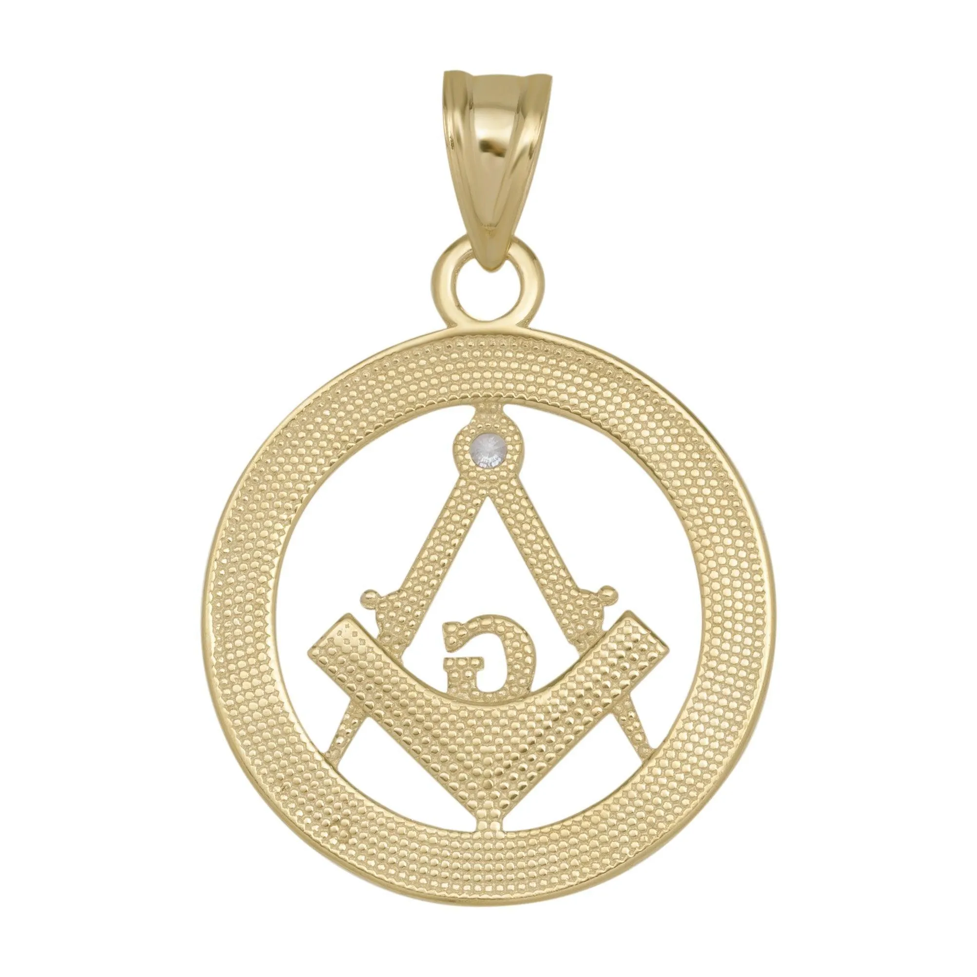 The Square and Compasses Masonic CZ Pendant Solid 10K Yellow Gold