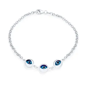 Turkish Translucent Blue Evil Eye Charm Link Bracelet Sterling Silver