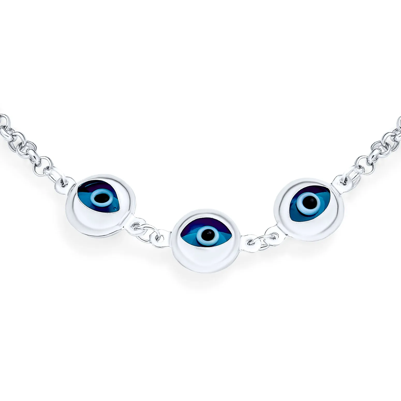 Turkish Translucent Blue Evil Eye Charm Link Bracelet Sterling Silver