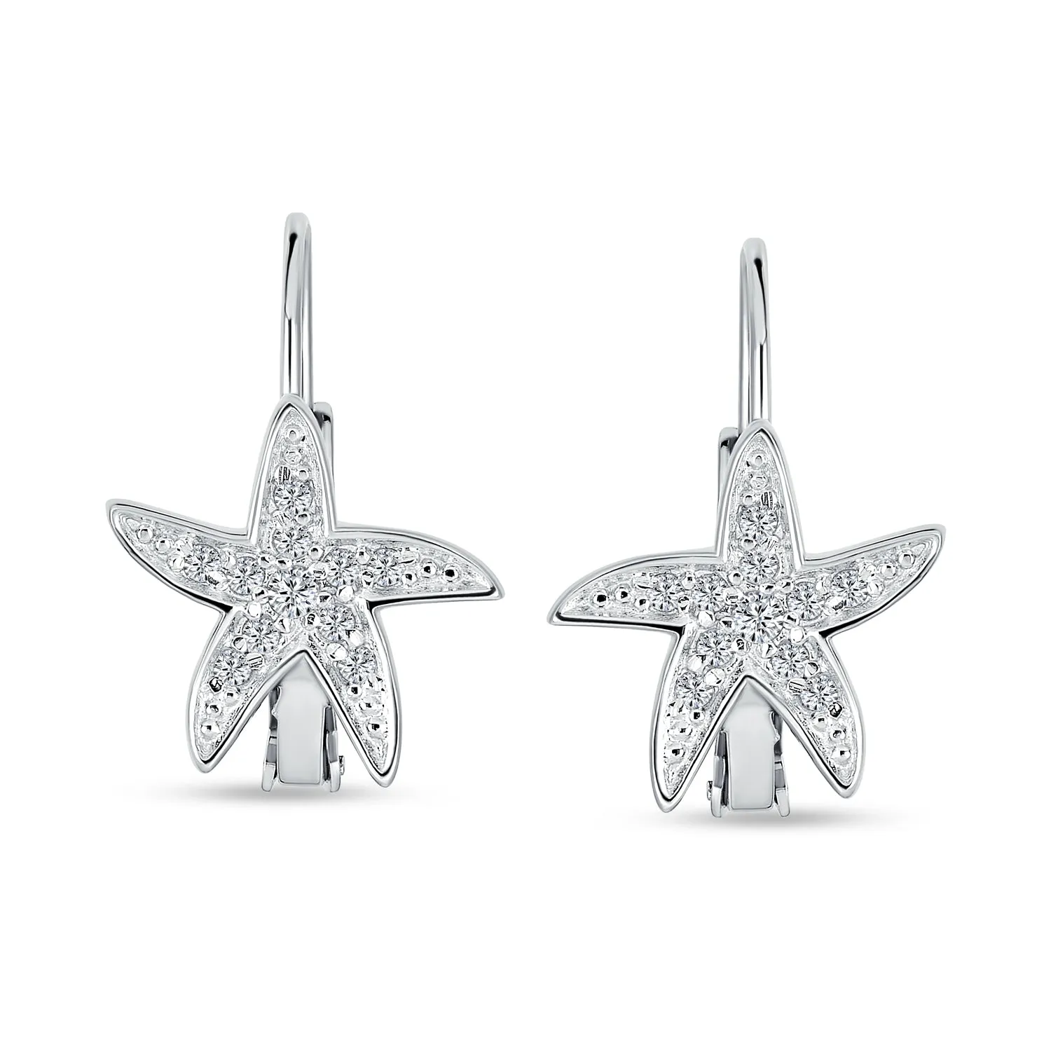 Vacation Nautical Pave CZ Drop Starfish Earrings .925 Sterling Silver