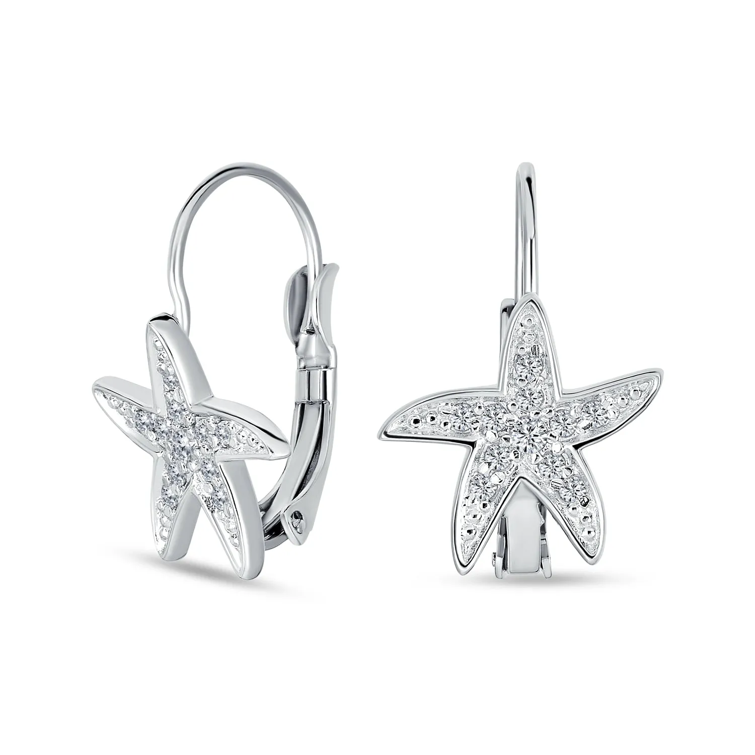 Vacation Nautical Pave CZ Drop Starfish Earrings .925 Sterling Silver