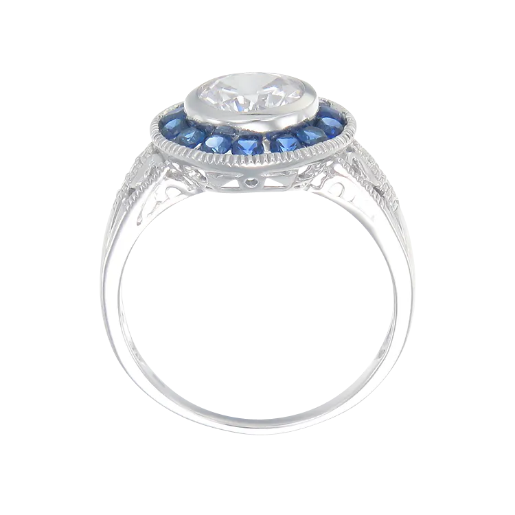 Vintage Inspired Bezel Setting Ring with Blue Sapphire Halo