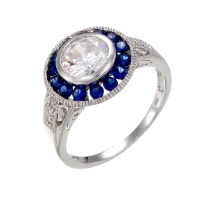 Vintage Inspired Bezel Setting Ring with Blue Sapphire Halo