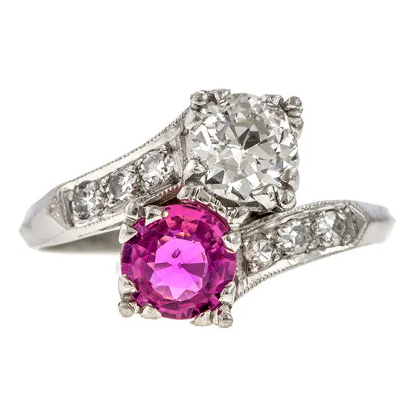 Vintage Twin Stone Ring, Pink Sapphire & Transition Round Brilliant Cut Diamond