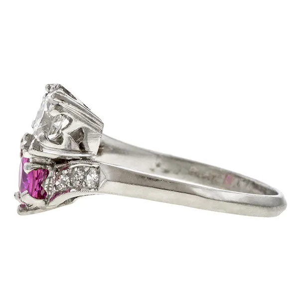 Vintage Twin Stone Ring, Pink Sapphire & Transition Round Brilliant Cut Diamond