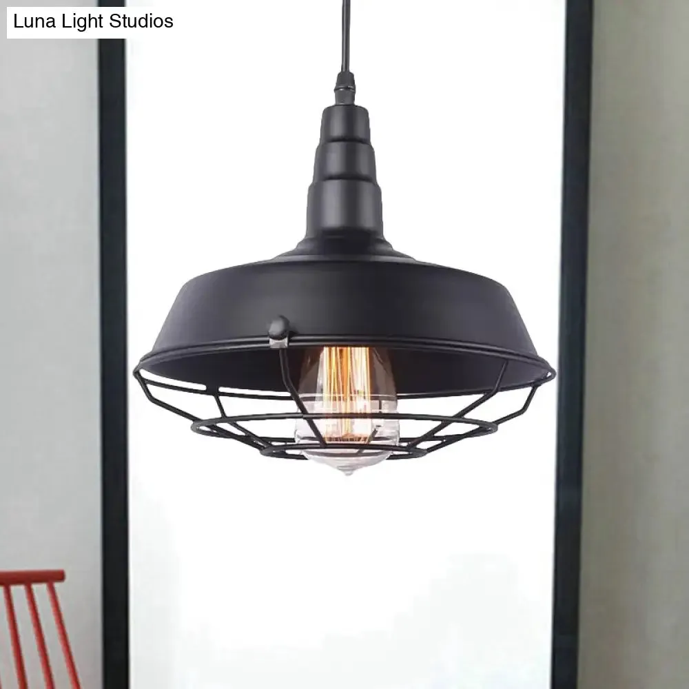 Vintage Wrought Iron Pendant Lighting: White Inner/Black Wire Guard with Barn Shade - 1 Light Kitchen Suspended Light