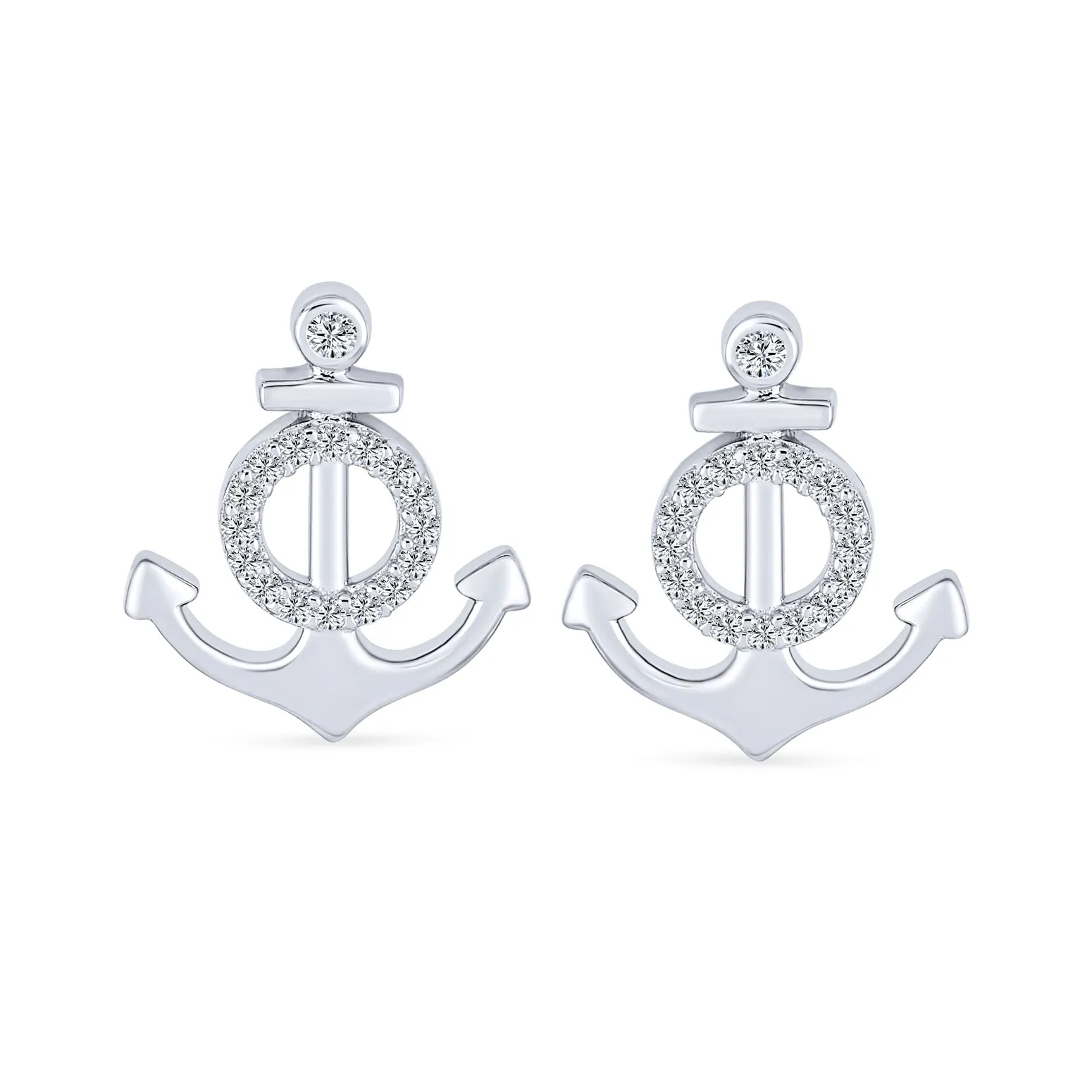 Whimsical Nautical CZ Stud Earrings, Boat Anchor Design, Sterling Silver