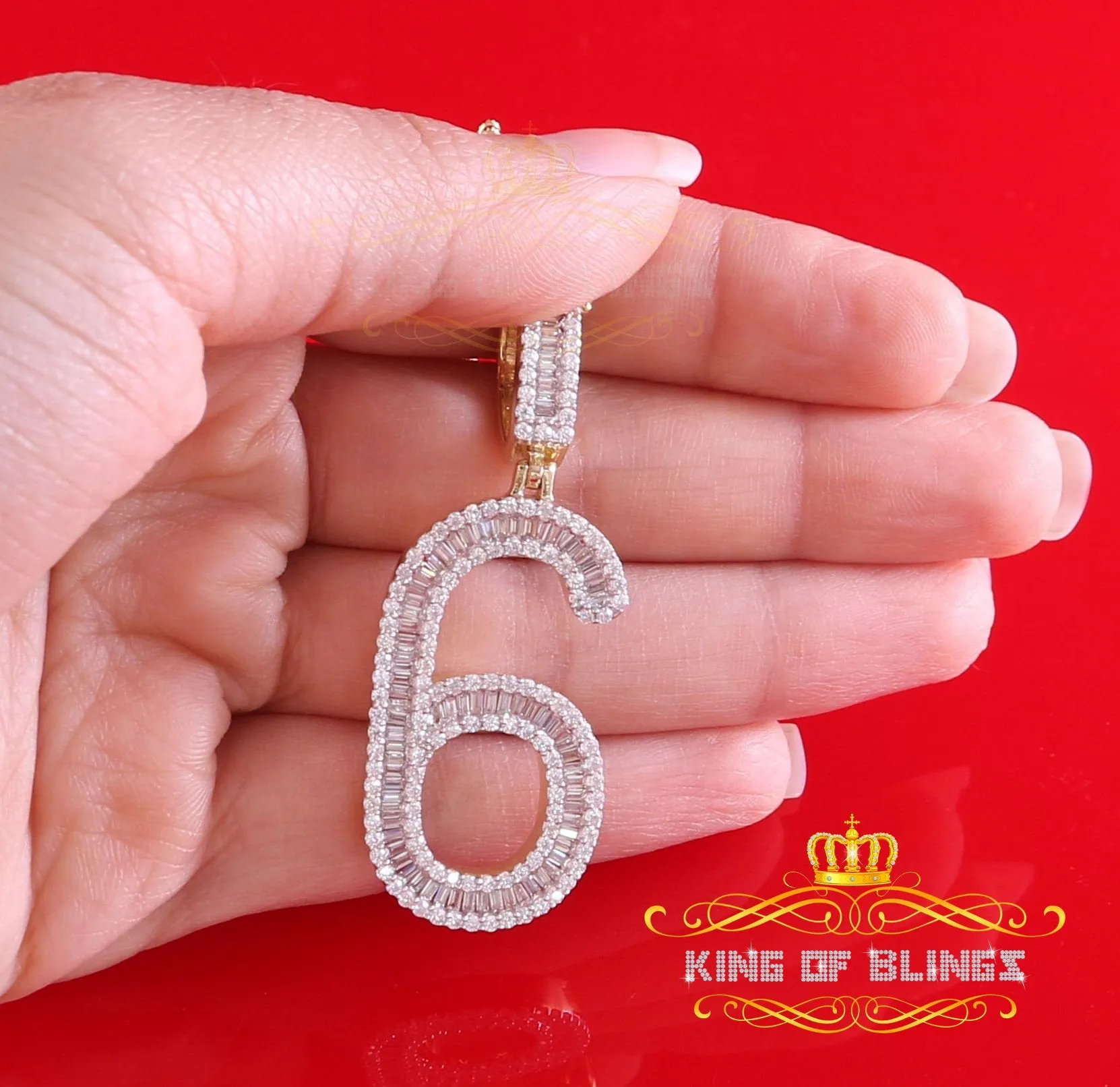 Yellow 925 Silver Baguette Numeric Number '6' Pendant 4.86ct Cubic Zirconia