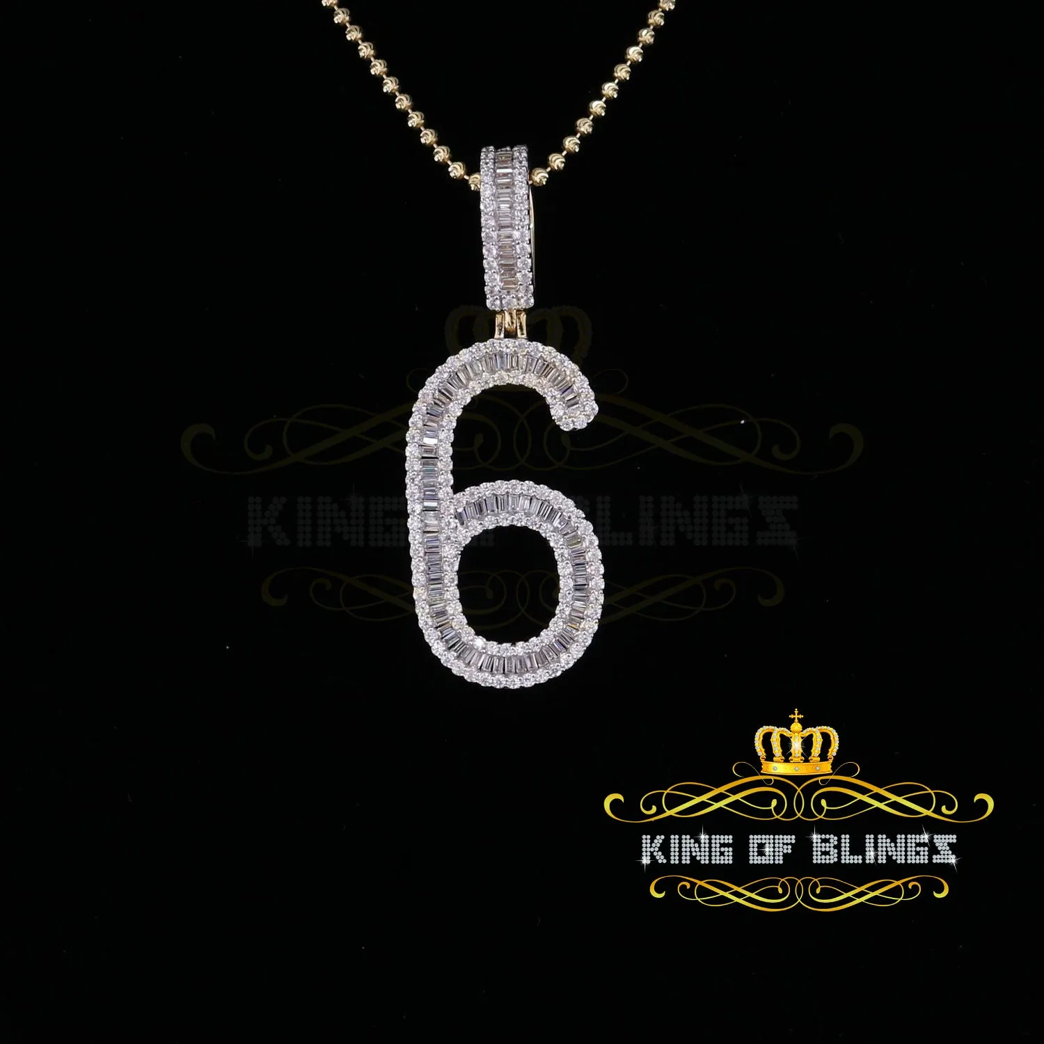 Yellow 925 Silver Baguette Numeric Number '6' Pendant 4.86ct Cubic Zirconia